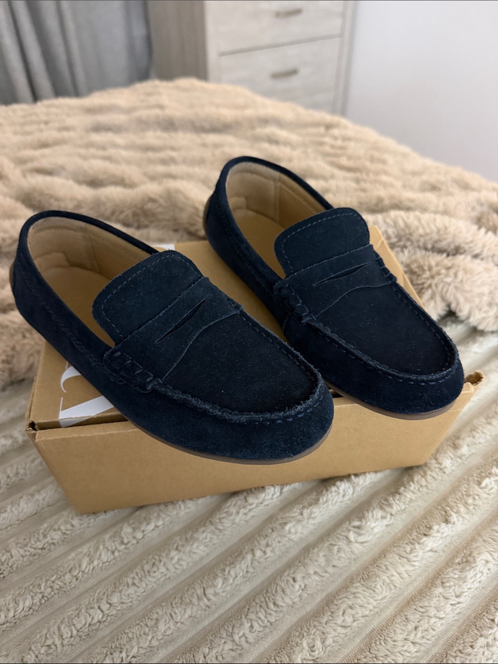 Kids Dark Blue Suede Penny Loafers - Slip-On Moccasin Style